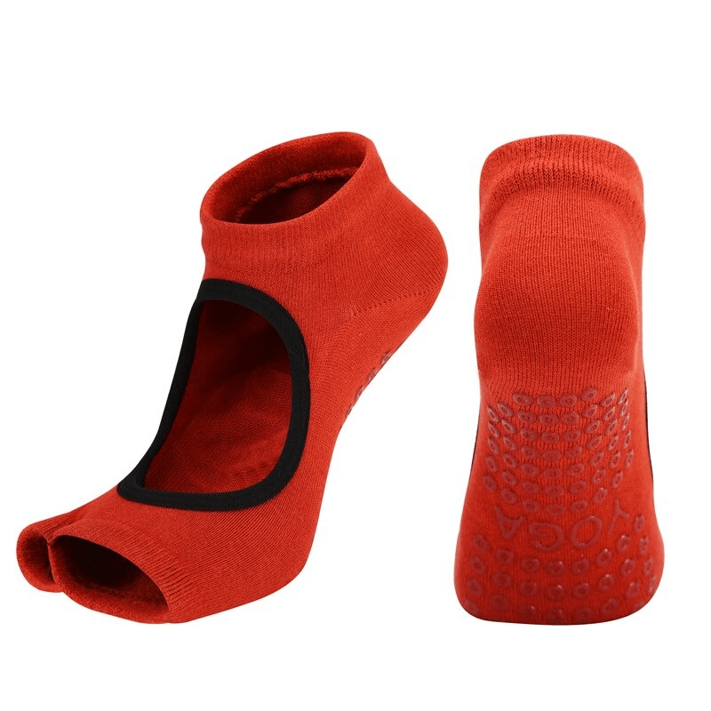 Red anti-slip open toe women's socks by Shaped Sports, perfect for fitness and durability with moisture-wicking cotton.